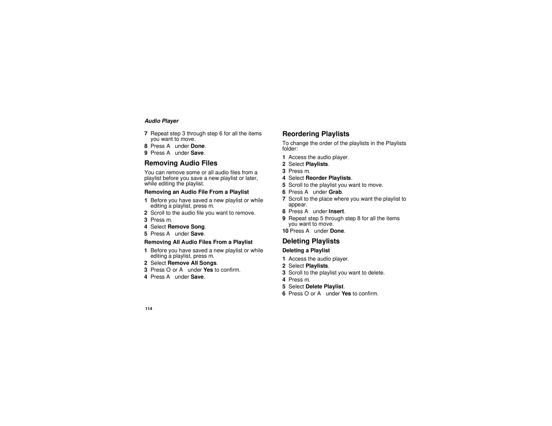 Motorola i880 manual Removing Audio Files, Reordering Playlists, Deleting Playlists 