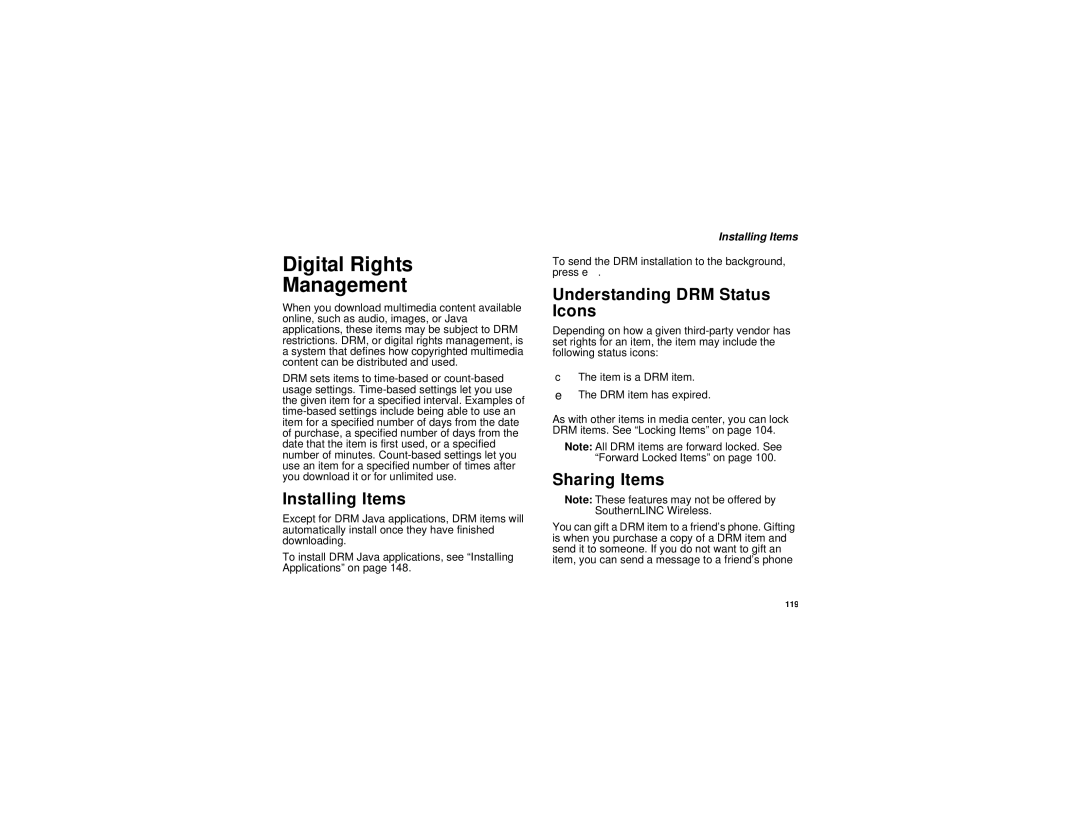 Motorola i880 manual Digital Rights Management, Installing Items, Understanding DRM Status Icons, Sharing Items 