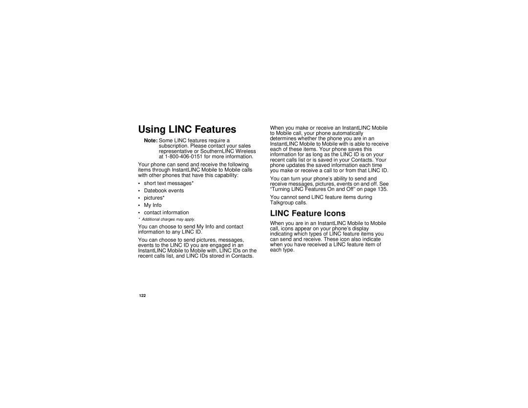 Motorola i880 manual Using Linc Features, Linc Feature Icons 