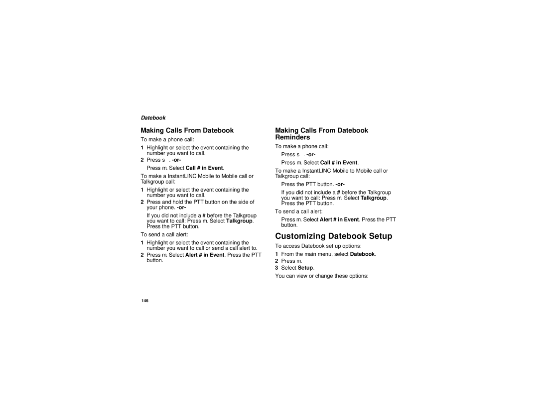 Motorola i880 manual Customizing Datebook Setup, Making Calls From Datebook Reminders 