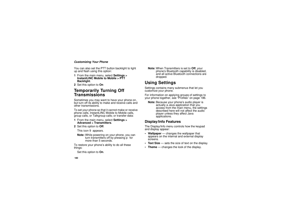 Motorola i880 manual Temporarily Turning Off Transmissions, Using Settings, Display/Info Features 