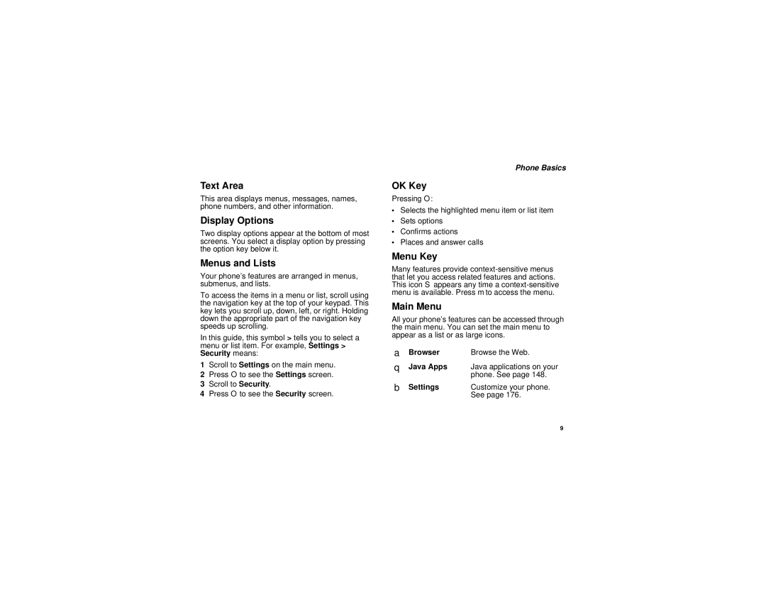 Motorola i880 manual Text Area, Display Options, Menus and Lists, OK Key, Menu Key, Main Menu 