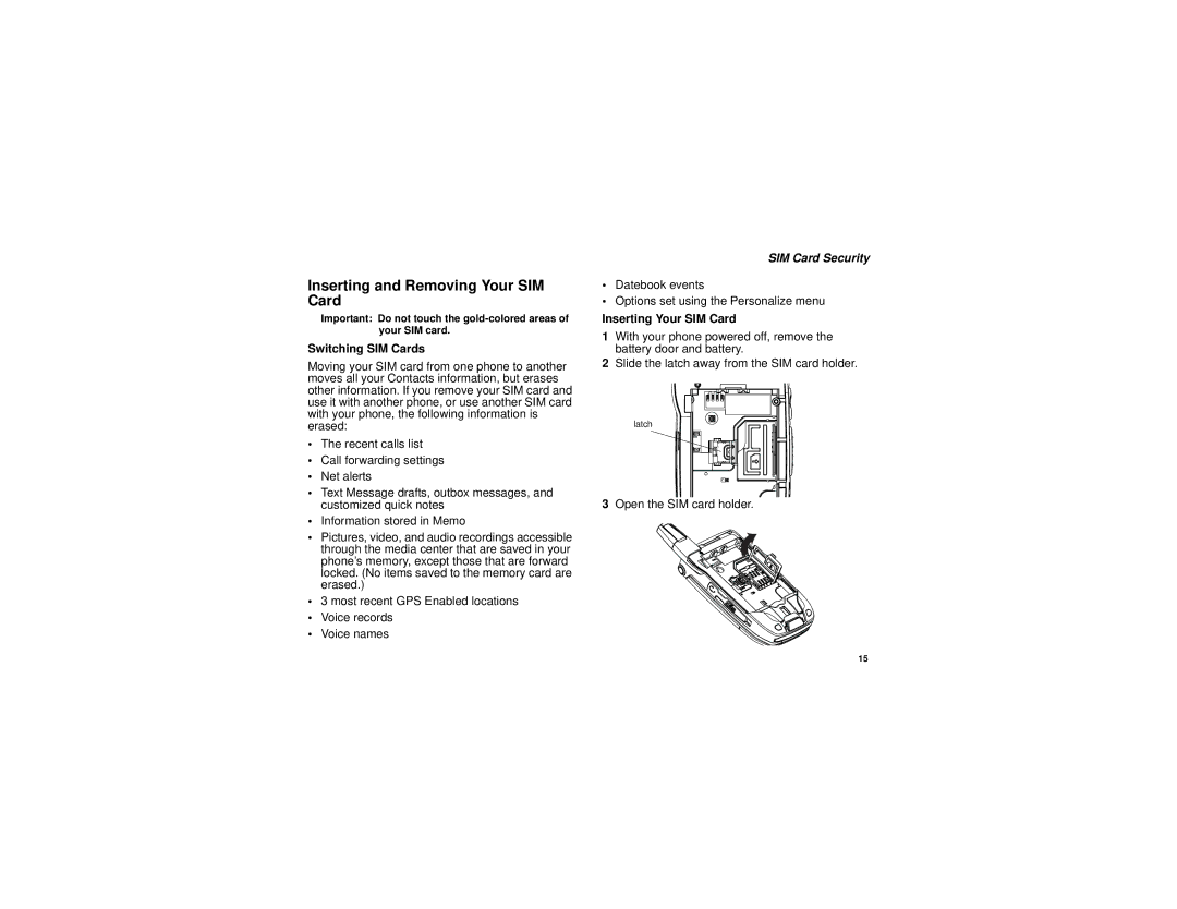 Motorola i880 manual Inserting and Removing Your SIM Card, Switching SIM Cards, SIM Card Security, Inserting Your SIM Card 