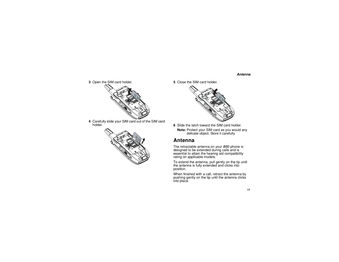 Motorola i880 manual Antenna, Open the SIM card holder Close the SIM card holder 