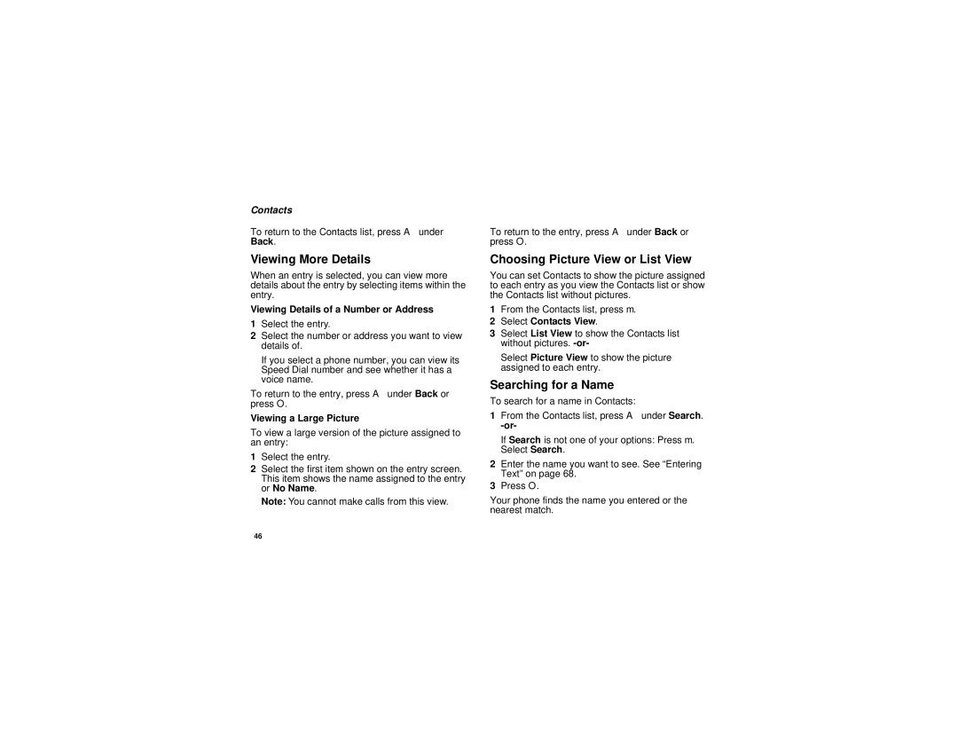 Motorola i880 Viewing More Details, Searching for a Name, Viewing Details of a Number or Address, Viewing a Large Picture 