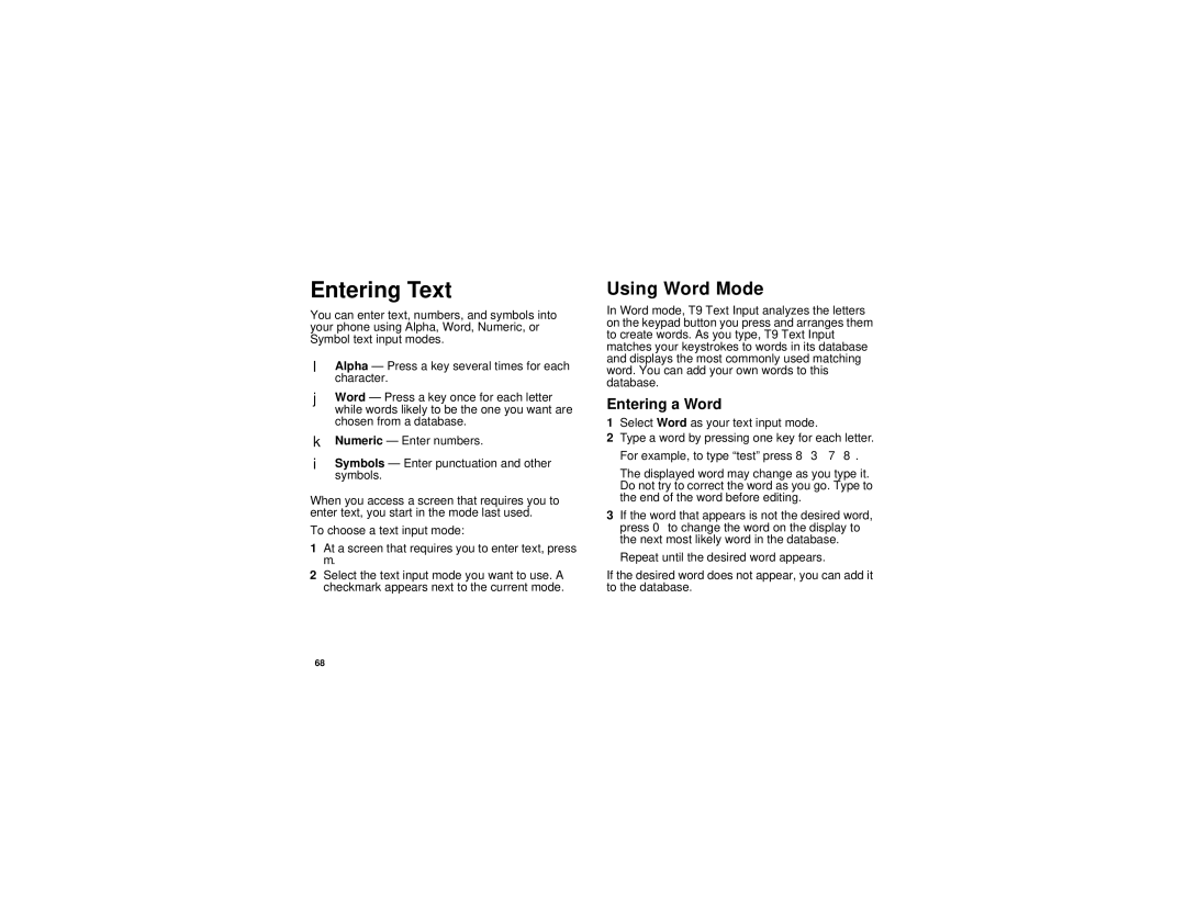 Motorola i880 manual Entering Text, Using Word Mode, Entering a Word 