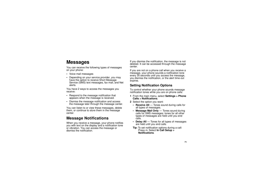 Motorola i880 manual Messages, Message Notifications, Setting Notification Options 