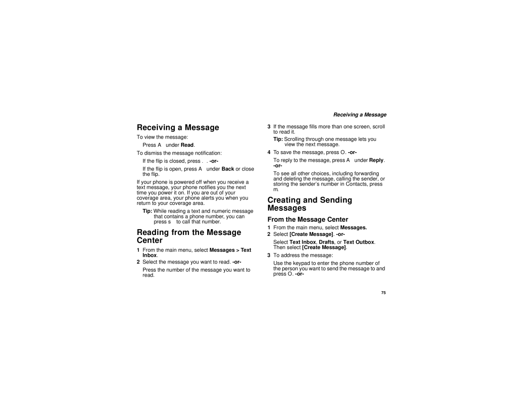 Motorola i880 Reading from the Message Center, Creating and Sending Messages, From the Message Center, Receiving a Message 