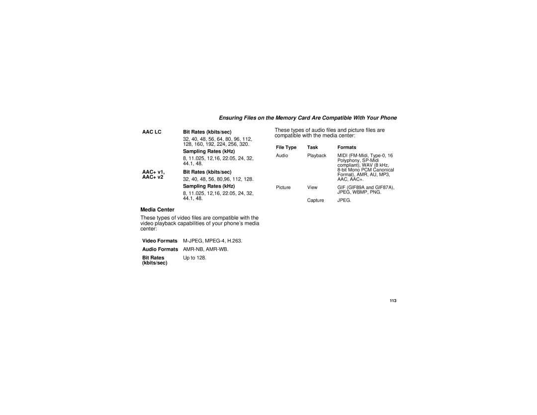 Motorola i880 manual Media Center, File Type Task Formats 