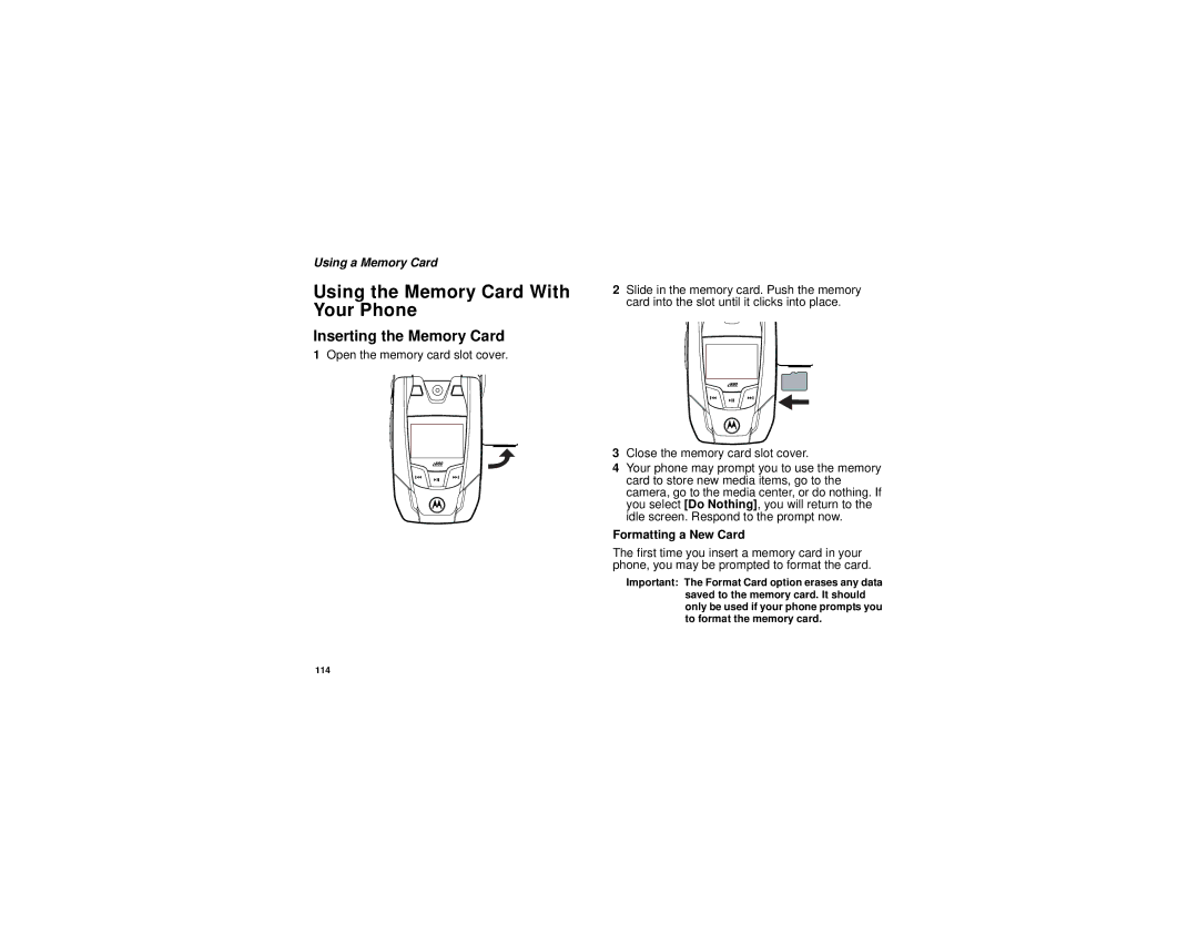 Motorola i880 manual Using the Memory Card With Your Phone, Inserting the Memory Card, Formatting a New Card 