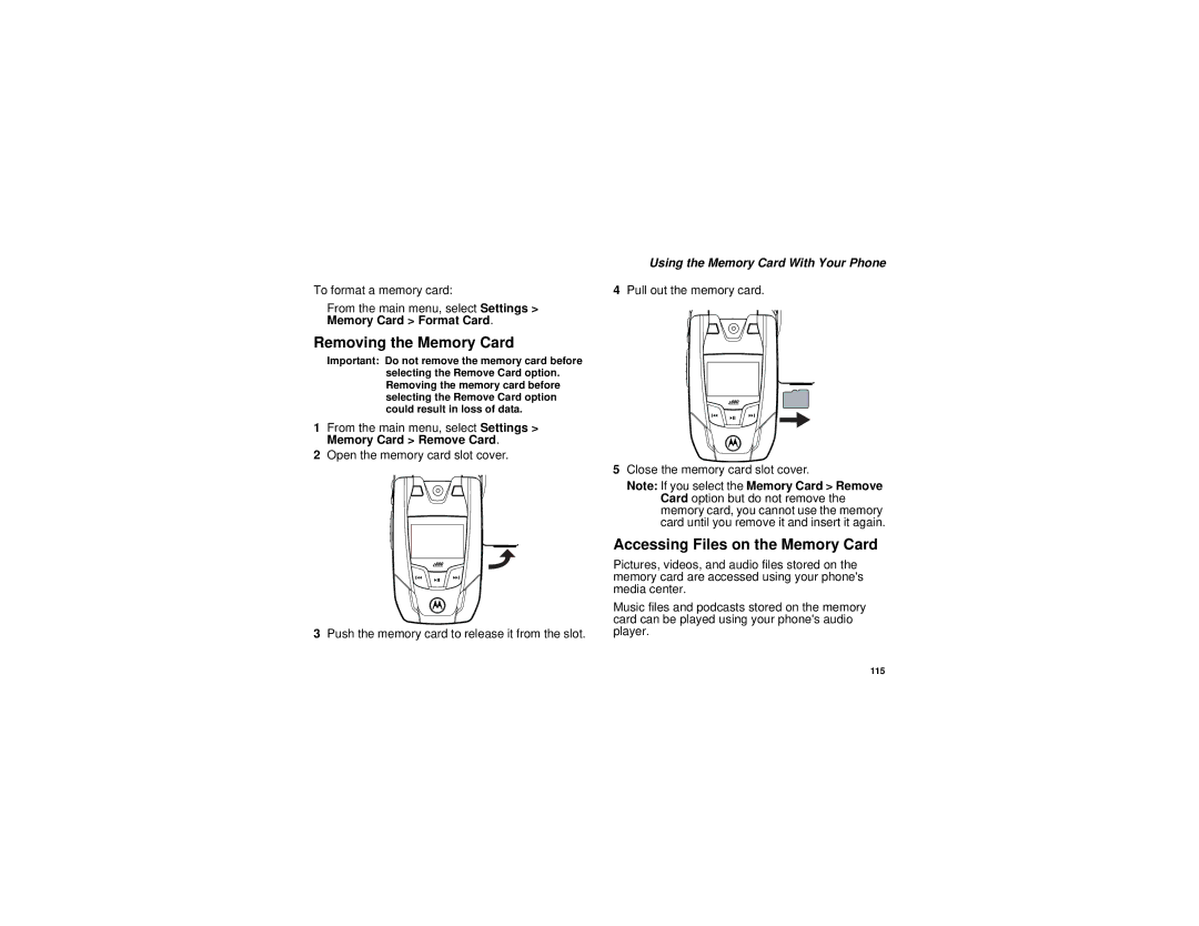 Motorola i880 manual Removing the Memory Card, Accessing Files on the Memory Card, Using the Memory Card With Your Phone 