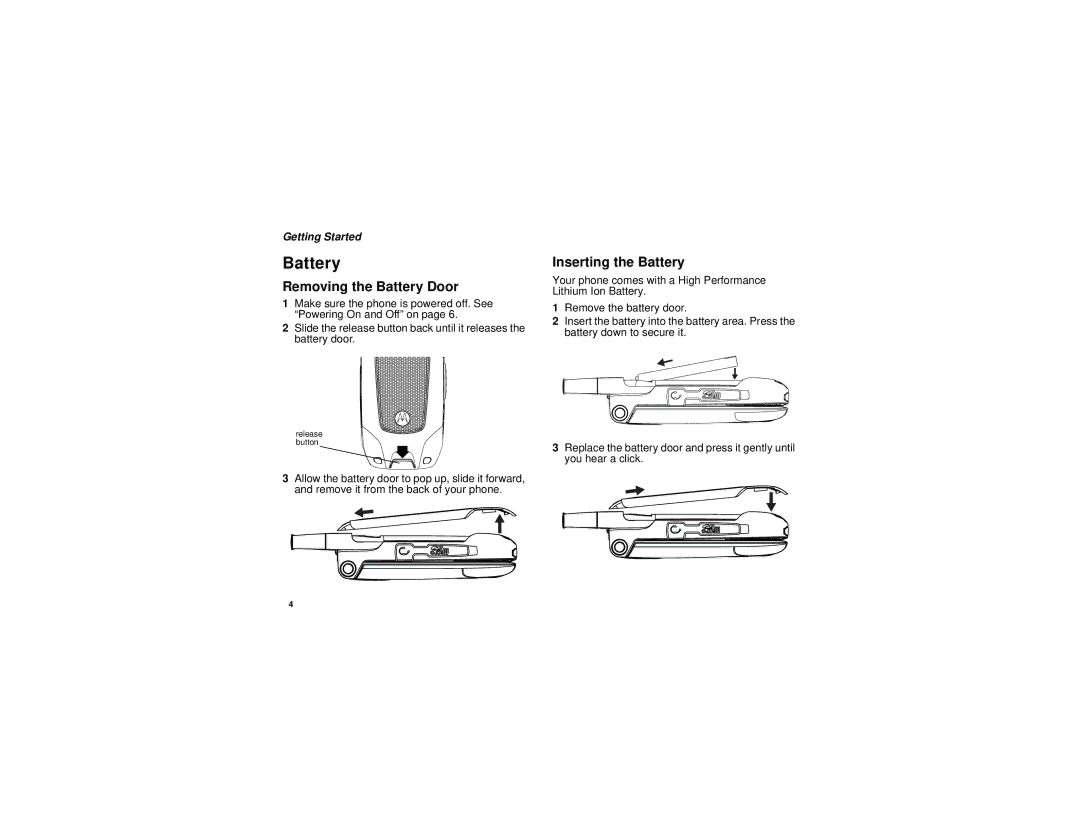 Motorola i880 manual Removing the Battery Door, Inserting the Battery 