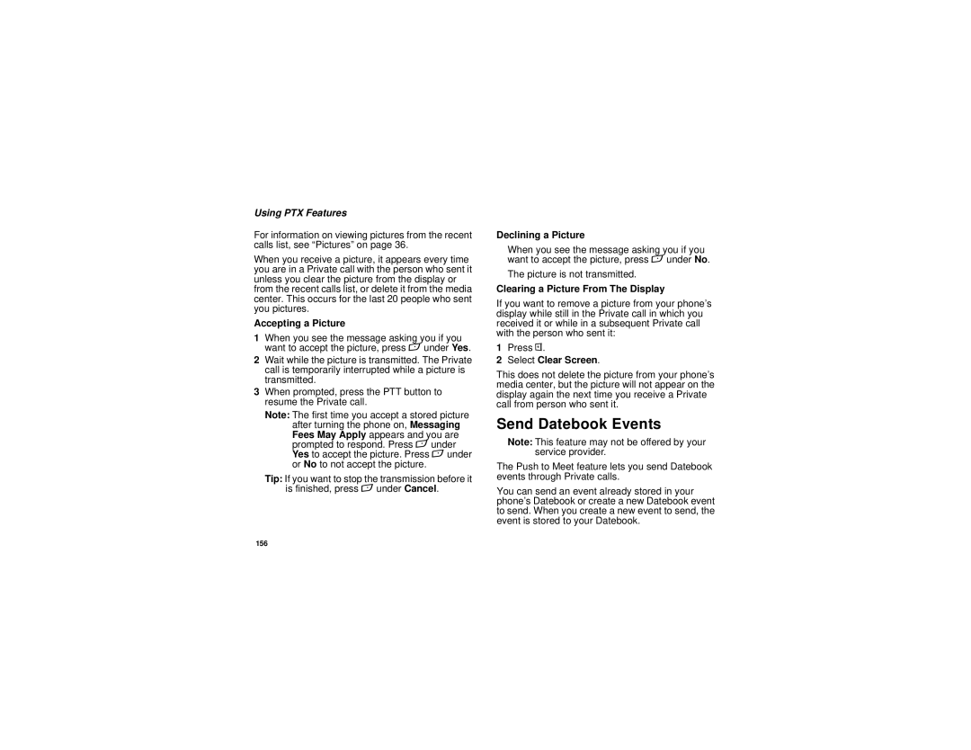 Motorola i880 manual Send Datebook Events, Accepting a Picture, Declining a Picture, Clearing a Picture From The Display 