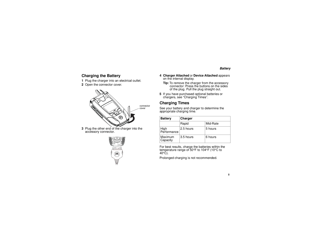 Motorola i880 manual Charging the Battery, Charging Times, Battery Charger 