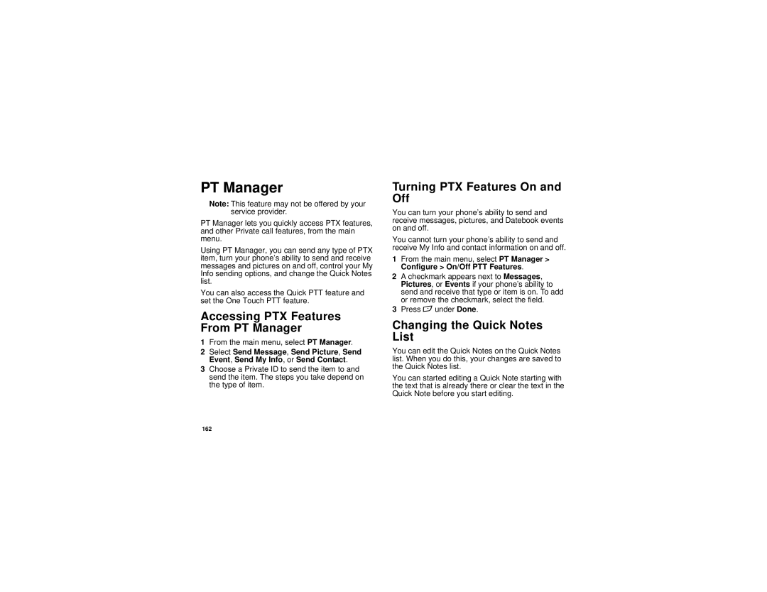 Motorola i880 Accessing PTX Features From PT Manager, Turning PTX Features On and Off, Changing the Quick Notes List 