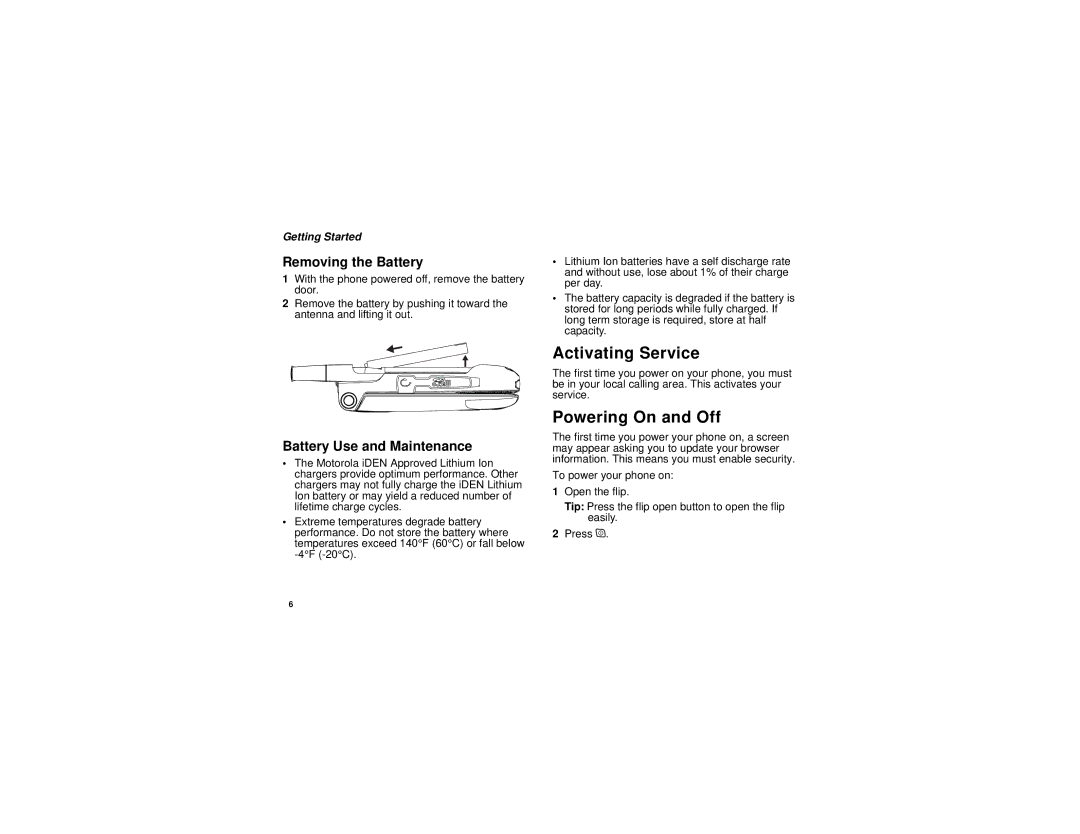 Motorola i880 manual Activating Service, Powering On and Off, Removing the Battery, Battery Use and Maintenance 