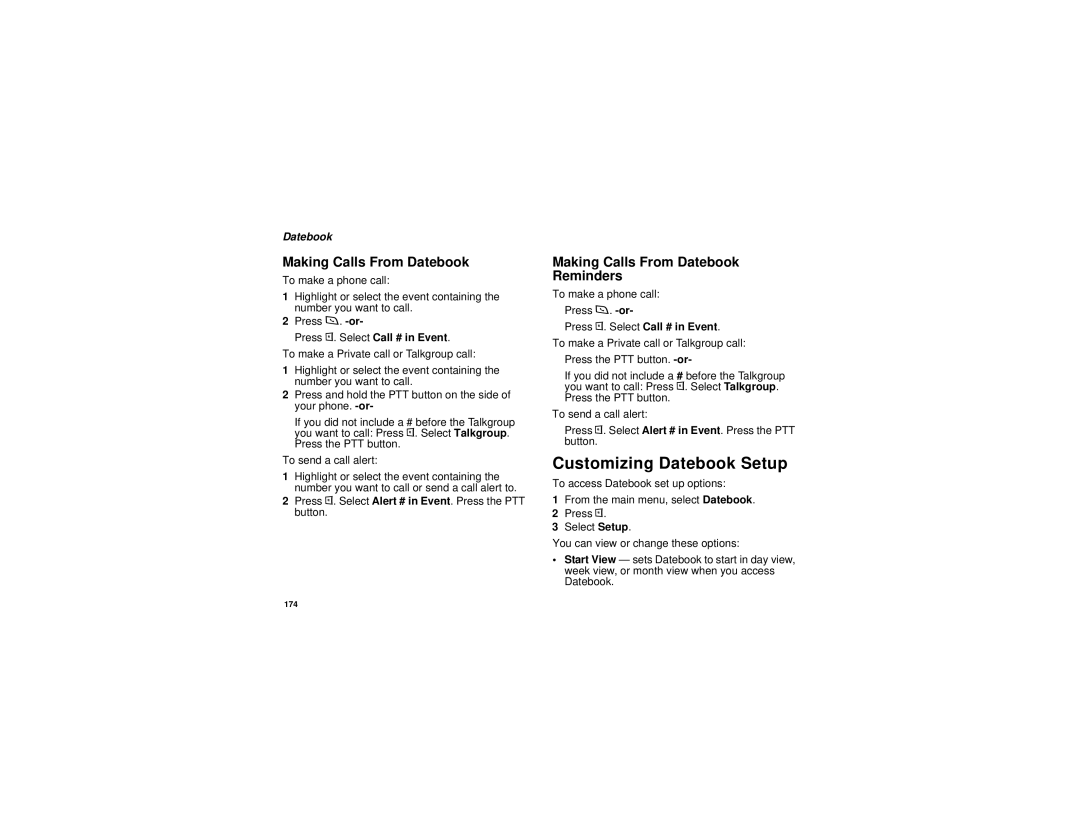 Motorola i880 manual Customizing Datebook Setup, Making Calls From Datebook Reminders 