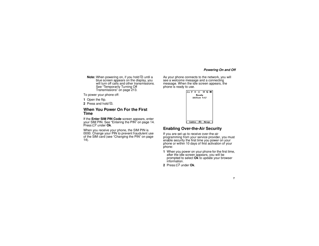 Motorola i880 manual When You Power On For the First Time, Enabling Over-the-Air Security, Powering On and Off 