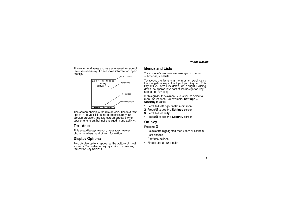 Motorola i880 manual Text Area, Display Options, Menus and Lists, OK Key, Phone Basics 