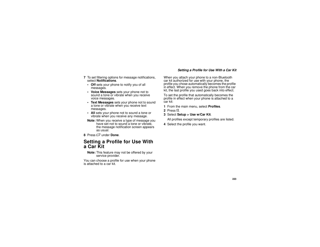 Motorola i880 manual Setting a Profile for Use With a Car Kit, Select Setup Use w/Car Kit 