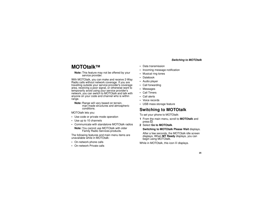 Motorola i880 manual MOTOtalkTM, Switching to MOTOtalk 