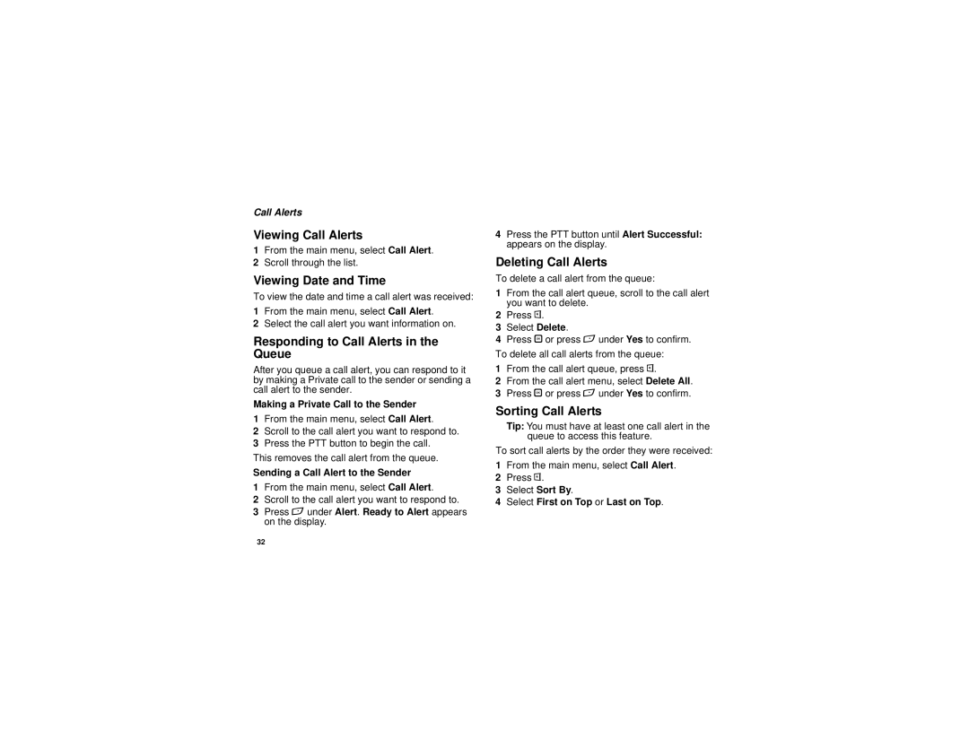 Motorola i880 Viewing Call Alerts, Viewing Date and Time, Responding to Call Alerts in the Queue, Deleting Call Alerts 