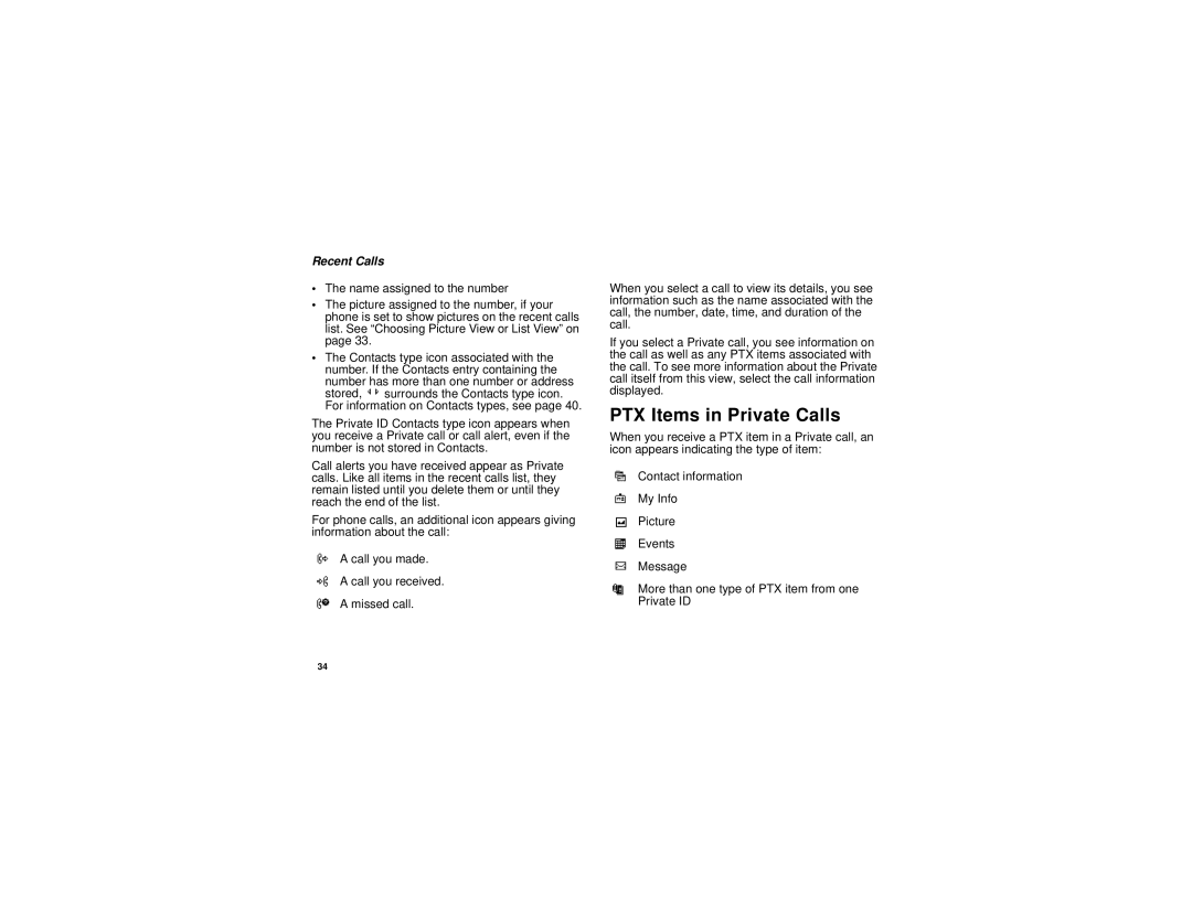 Motorola i880 manual PTX Items in Private Calls, Recent Calls 
