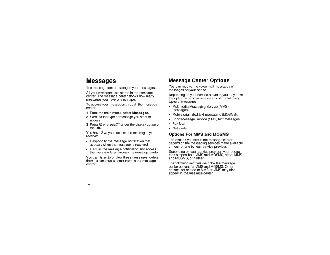 Motorola i880 manual Messages, Message Center Options, Options For MMS and Mosms 