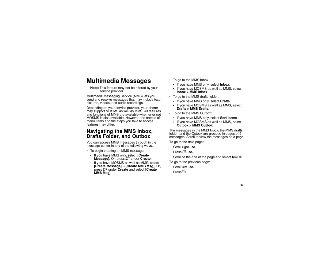 Motorola i880 manual Multimedia Messages, Navigating the MMS Inbox, Drafts Folder, and Outbox 