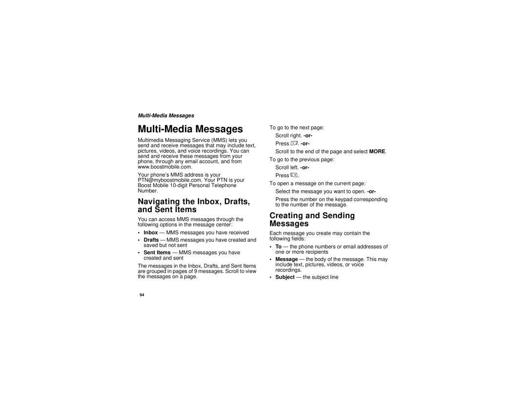 Motorola i885 manual Multi-Media Messages, Navigating the Inbox, Drafts, and Sent Items, Creating and Sending Messages 