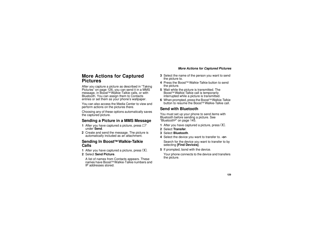 Motorola i885 manual More Actions for Captured Pictures, Sending a Picture in a MMS Message, Send with Bluetooth 