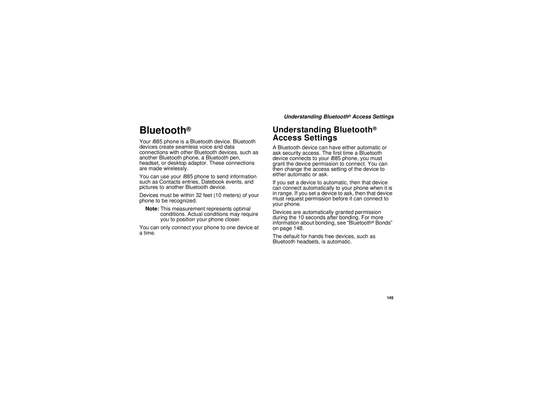 Motorola i885 manual Understanding Bluetooth Access Settings 