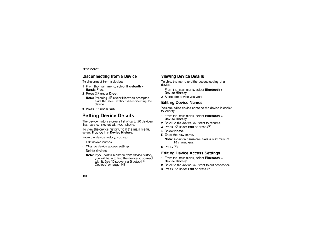 Motorola i885 manual Setting Device Details, Disconnecting from a Device, Viewing Device Details, Editing Device Names 