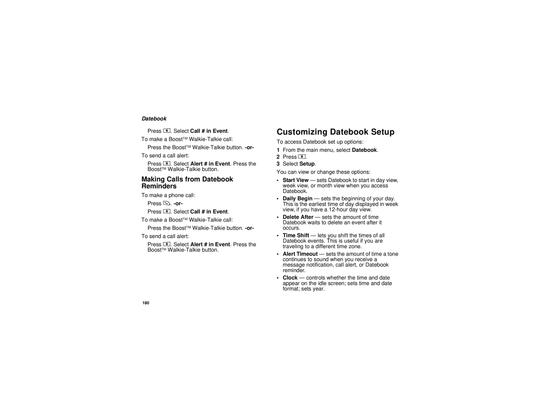 Motorola i885 manual Customizing Datebook Setup, Making Calls from Datebook Reminders 