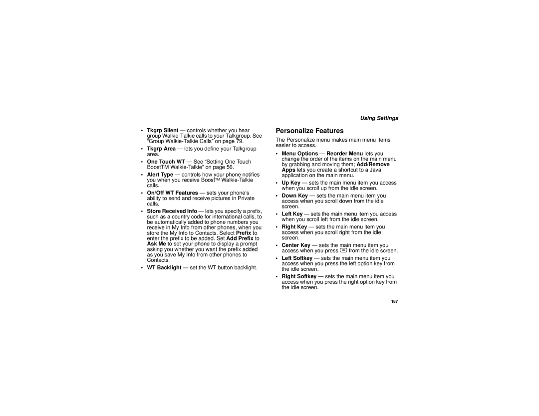 Motorola i885 manual Personalize Features, Using Settings, Personalize menu makes main menu items easier to access 