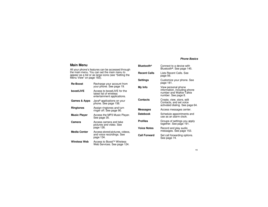 Motorola i885 manual Main Menu 