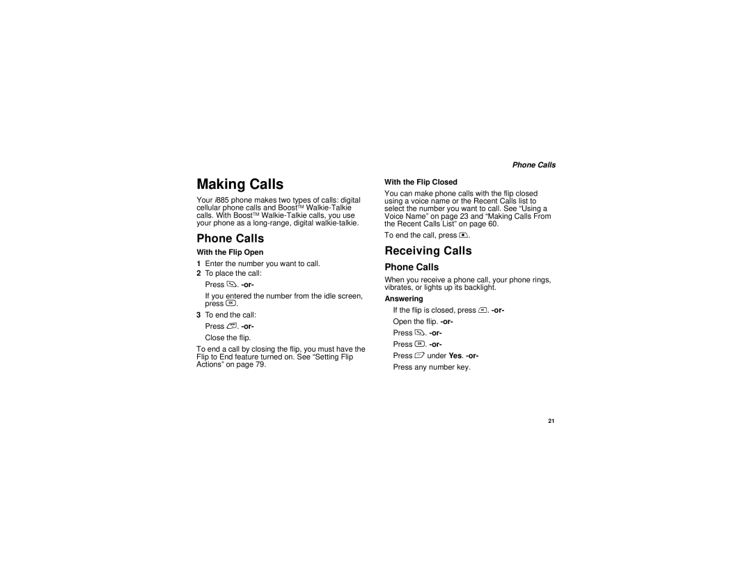 Motorola i885 manual Making Calls, Phone Calls, Receiving Calls 