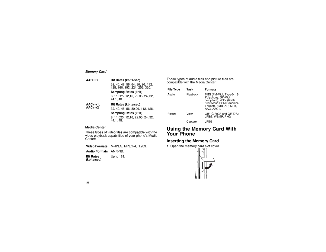 Motorola i885 manual Using the Memory Card With, Your Phone, Inserting the Memory Card, Open the memory card slot cover 