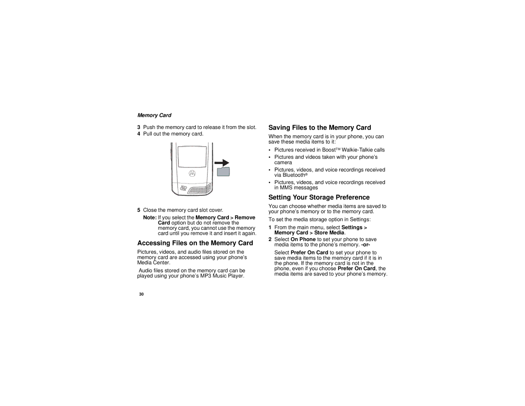 Motorola i885 manual Accessing Files on the Memory Card, Saving Files to the Memory Card, Setting Your Storage Preference 