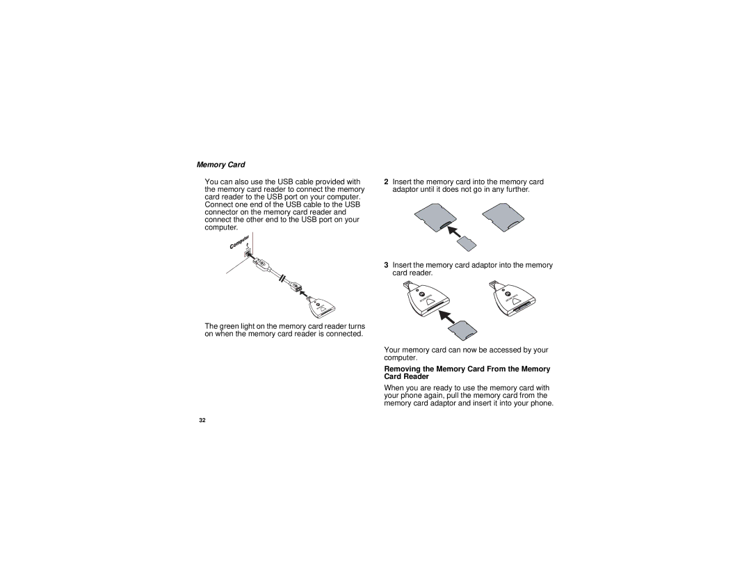 Motorola i885 manual Removing the Memory Card From the Memory Card Reader 