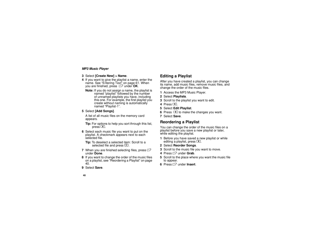 Motorola i885 manual Editing a Playlist, Reordering a Playlist 