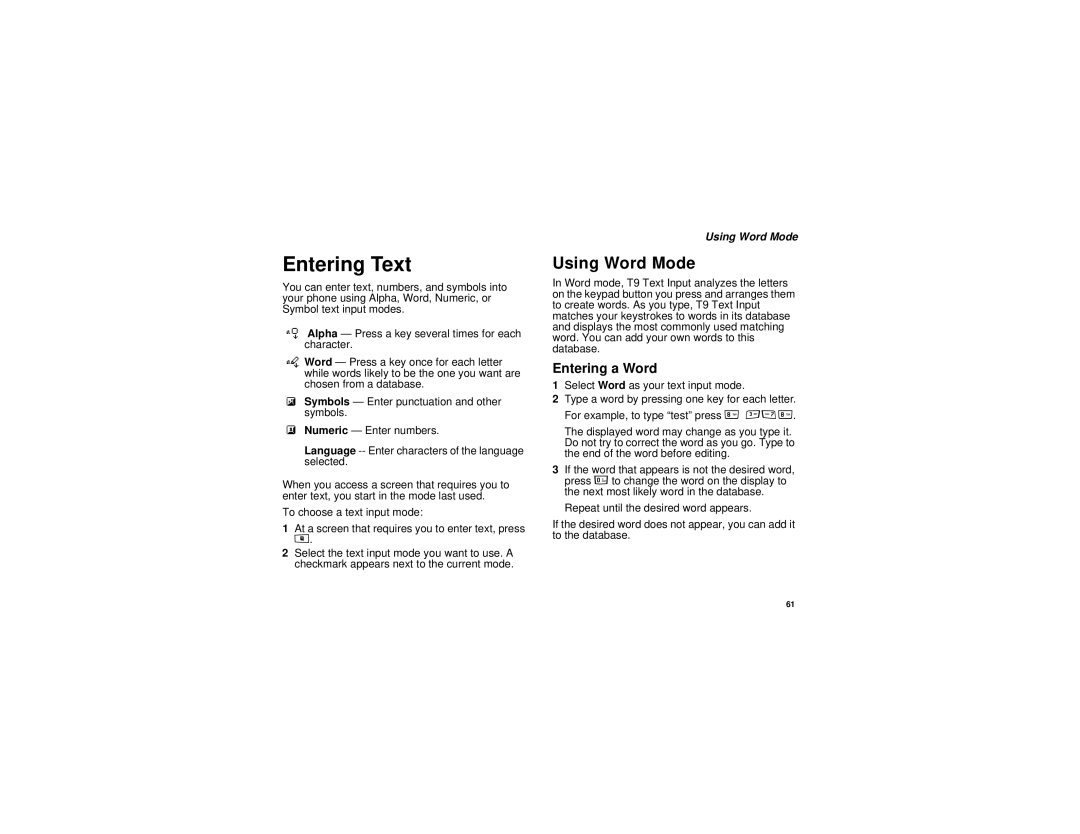 Motorola i885 manual Entering Text, Using Word Mode, Entering a Word 