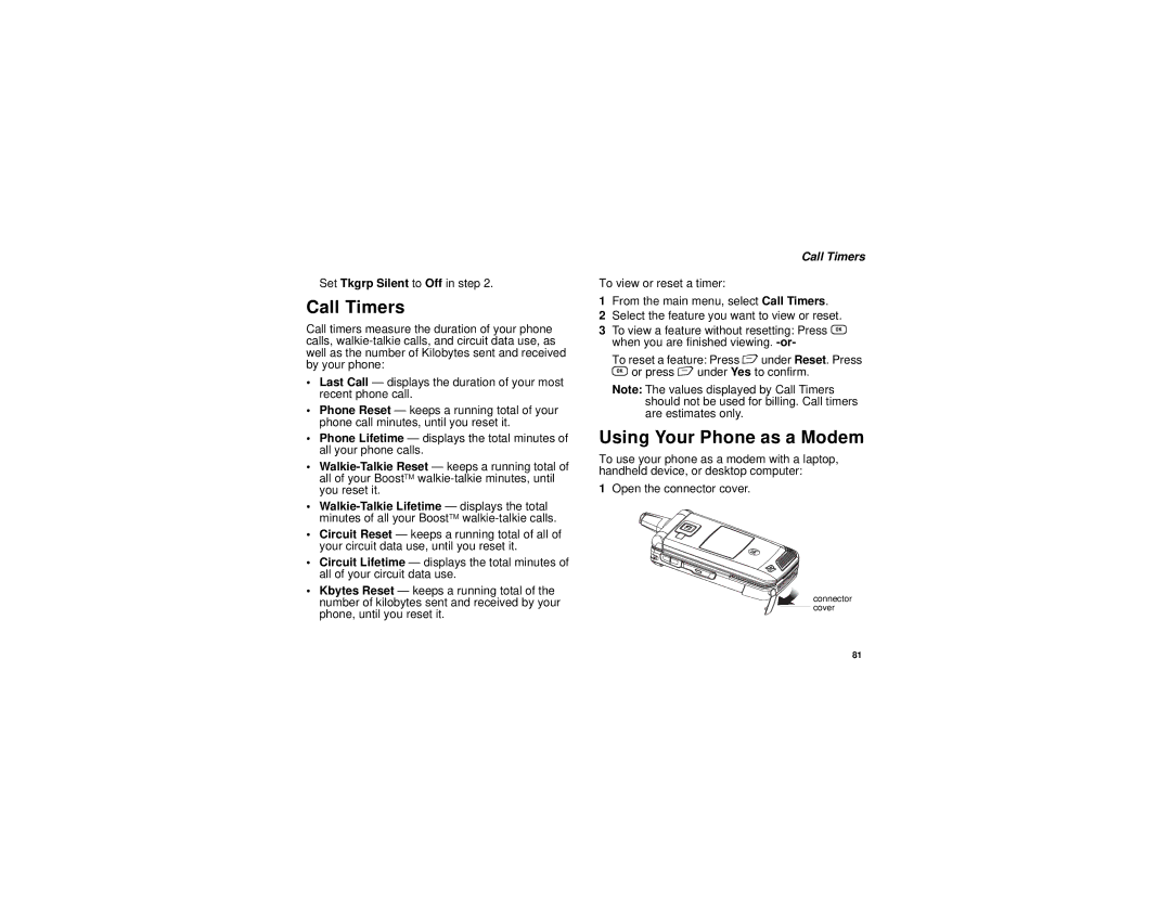 Motorola i885 manual Call Timers, Using Your Phone as a Modem, Set Tkgrp Silent to Off in step 