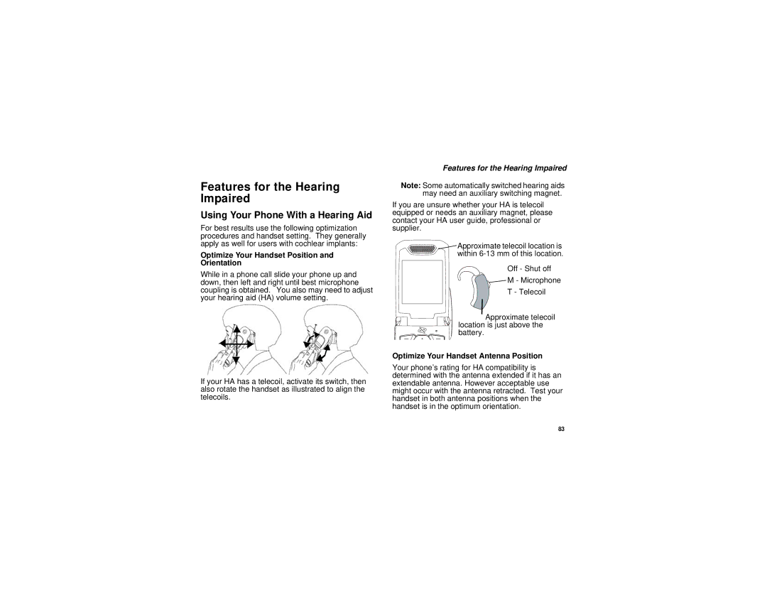 Motorola i885 manual Features for the Hearing Impaired, Using Your Phone With a Hearing Aid 