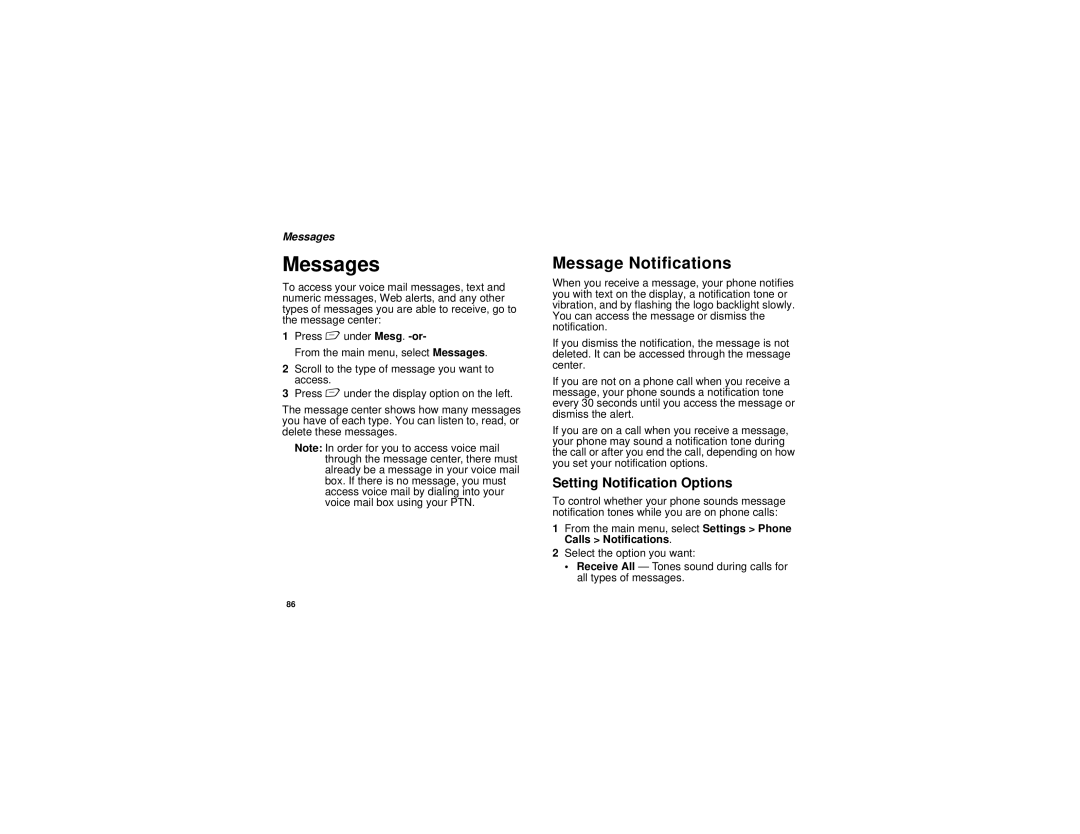 Motorola i885 manual Messages, Message Notifications, Setting Notification Options 