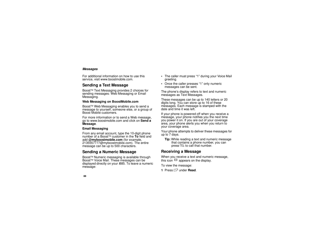 Motorola i885 Sending a Text Message, Sending a Numeric Message, Receiving a Message, Web Messaging on BoostMobile.com 