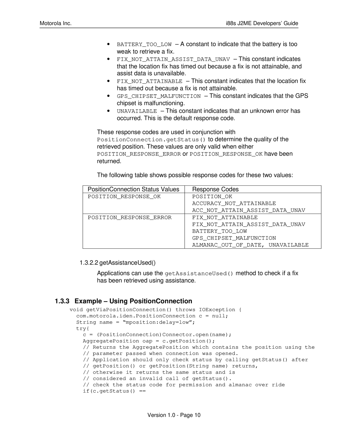 Motorola i88s manual Example Using PositionConnection 