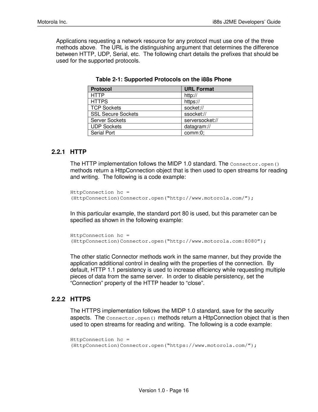 Motorola manual Https, Supported Protocols on the i88s Phone 