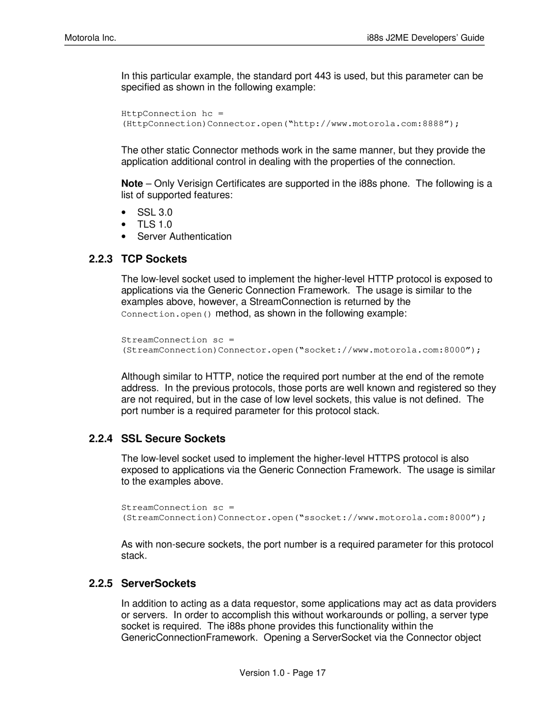 Motorola i88s manual TCP Sockets, SSL Secure Sockets, ServerSockets 