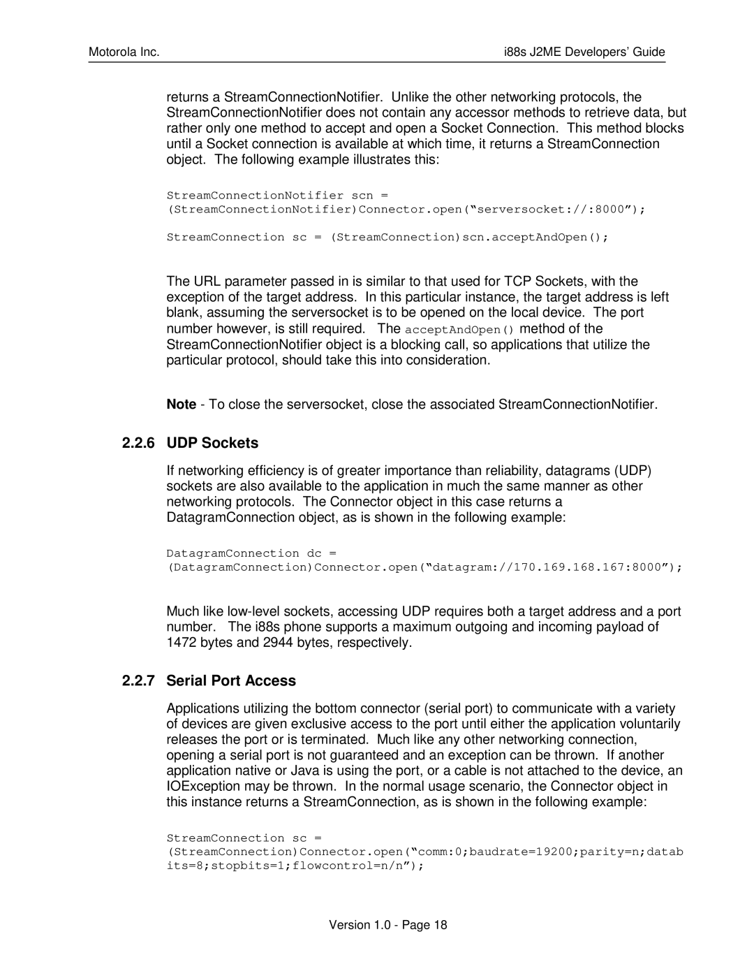 Motorola i88s manual UDP Sockets, Serial Port Access 